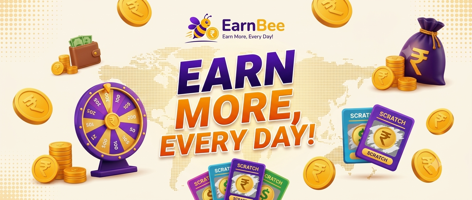 EarnBee feature banner showing the spin wheel, scratch cards and reward coins